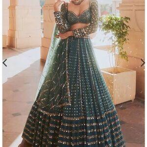 Dark Green Sequin Zari Embroidered Georgette Lehenga Set